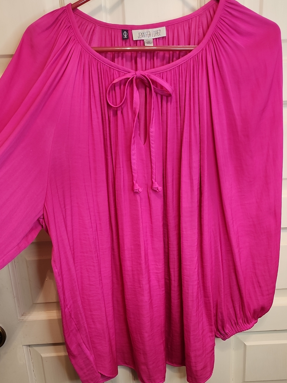 Jennifer Lopez JALO Hot Pink Tie-Neck V-neck Peasant Blouse Elastic Puffy Sleeve
